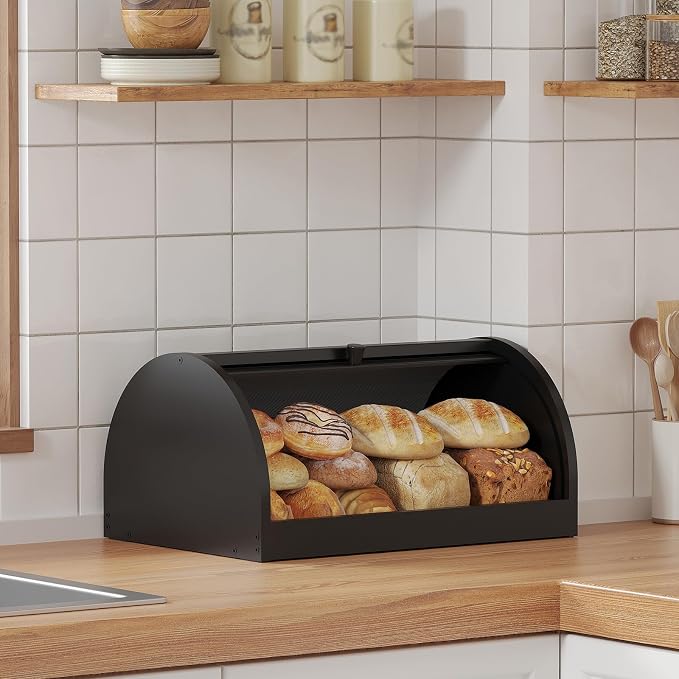 STDDRE Corner Bread Box for Kitchen Countertop Roll Top Bread Box Kitchen Food Storage Box for Homemade Bread Bread Holder for Kitchen Counter Pantry Shelf (Black)