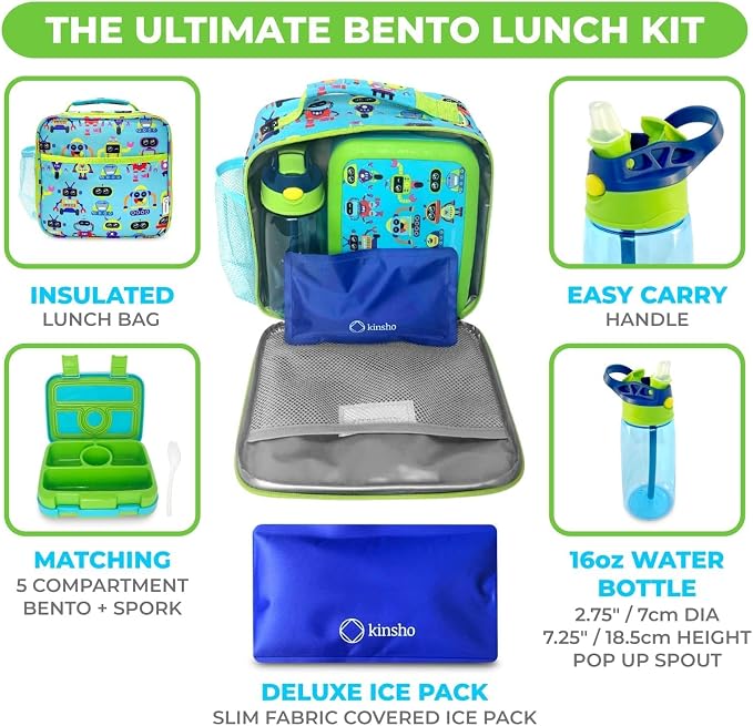 kinsho Bento Lunch Box and Insulated Bag, Water Bottle & Ice Pack Set for Kids Toddlers, 4 Portion Sections, Removable Tray, Pre - School Kid Toddler Daycare, Snack Container, Robot