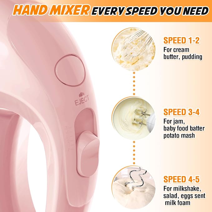 Handmixer Electric Handheld - 7 Speed Portable Kitchen Mixer Electric with 5 Stainless Steel Accessories Whisk, Food Beater for Whipping Mixing Cookies Cakes Home (CX6613-PK)