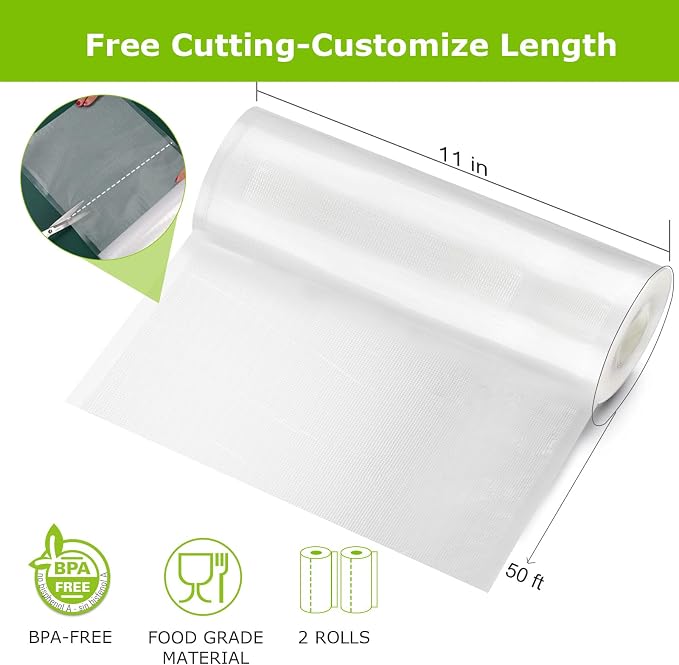 Bonsenkitchen Vacuum Sealer Bags Rolls, 2 Rolls 11 in x 50 ft | Commercial Grade, Heavy Duty, Durable Food Sealer Bags, Seal a Meal, Food Storage & Sous Vide Cooking, BPA Free, VB24