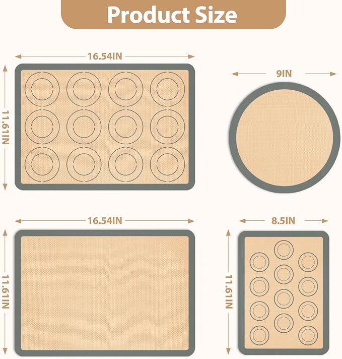Silicone Baking Mat Set of 6, Nonstick Pastry Mat, Reusable Macaron Silicone Baking Mats & Round Pizza Mat, Cookie Baking Supplies for Macaroons, Pizza