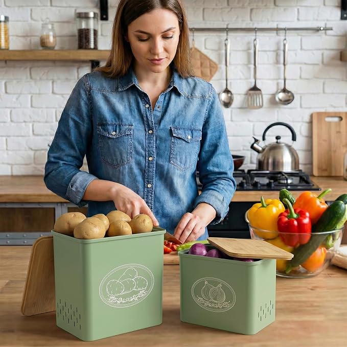 Lifewit Plastic Potato and Onion Storage Bin Box, Set of 2, Green | Stackable Garlic Keeper, Vegetable Container Box, Aerating Holes & Lid for Pantry Countertop