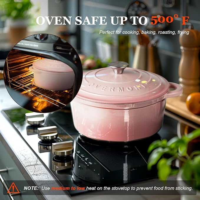 Overmont Enameled Cast Iron Dutch Oven - 4.5QT Pot with Lid Cookbook & Cotton Potholders - Heavy-Duty Cookware for Braising, Stews, Roasting, Sourdough Baking pink