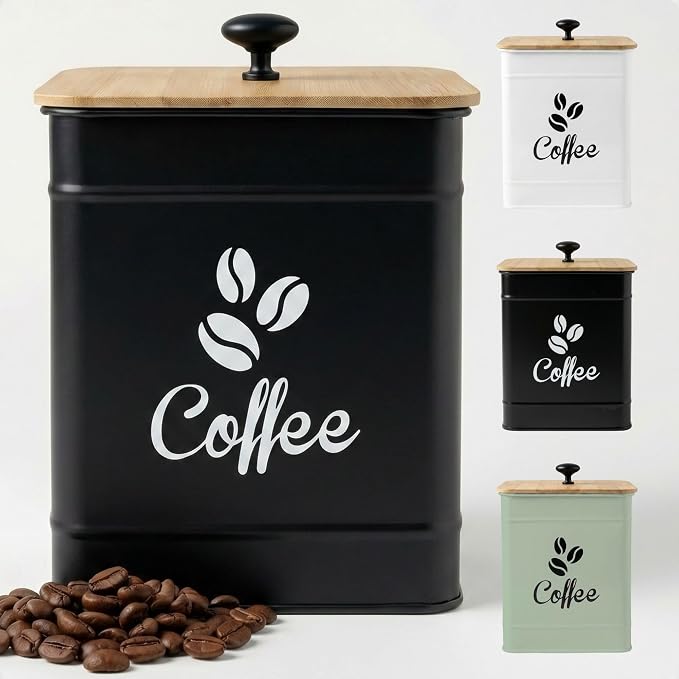 Airtight Coffee Canister 40 oz, 6"x 8" Metal Jar w/ Rubber-Lined Bamboo Lid | 40oz Large Iron, Airtight Coffee Container, Bamboo Lid, Stylish Countertop Container for Coffee Grounds, Beans, Pods & More