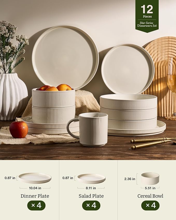 Famiware Ceramic Plates and Bowls Set, Dinnerware Sets, Ribbed Dishes for 4 | 12-Piece Stoneware Dishware, Lipped Edges, Chip & Scratch Resistant, Microwave & Dishwasher Safe, Everyday Use, Oat White