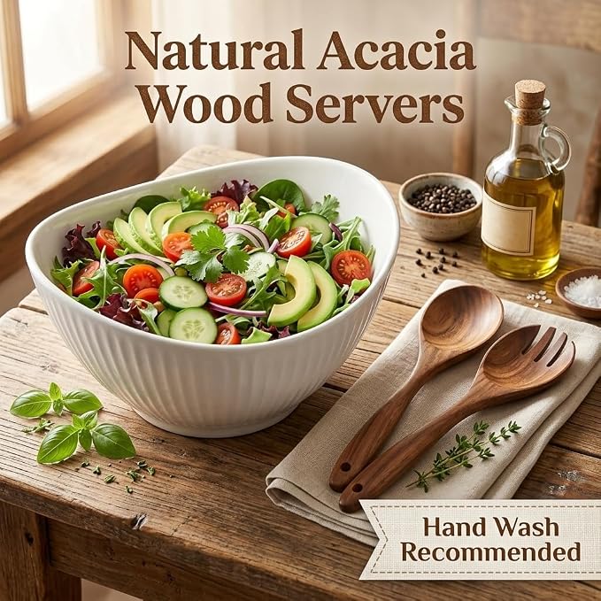 60oz Large Ceramic Salad Bowl with Acacia Wood Utensils, 10" Oval White Serving Bowl for Soup, Pasta, Fruit, Snacks – Mixing Bowls for Entertaining, Party, Kitchen, Dinner – Housewarming Gift