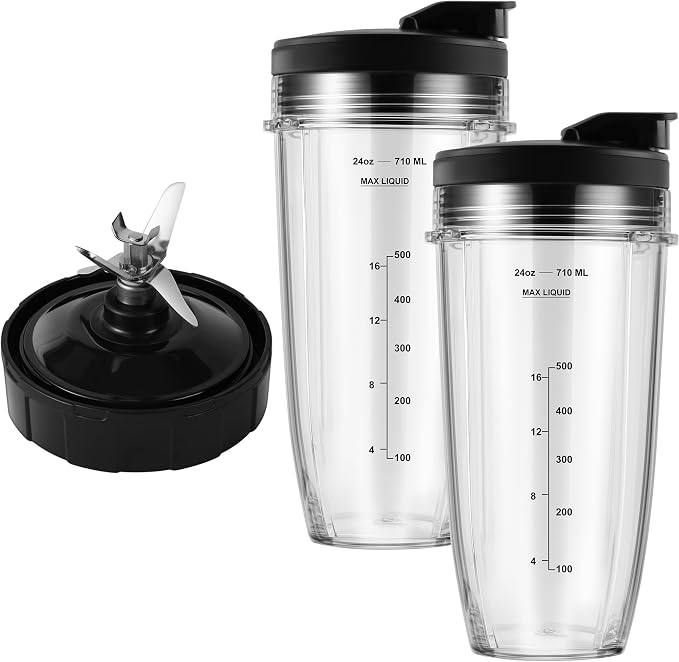 MEET JUICE 7-Fin Blender Replacement Parts for Ninja BL480 BL640 BL642 – 24oz Cup with Lid and Blade, Fits 7-Fin Drive Systems Only
