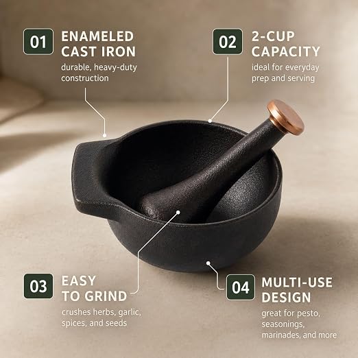 Alva Nori Enameled Cast Iron Mortar & Pestle Set | 2-cup, 4-inch capacity, Spice Grinder Bowl, Heavy-Duty Herb & Garlic Crusher with Textured Interior