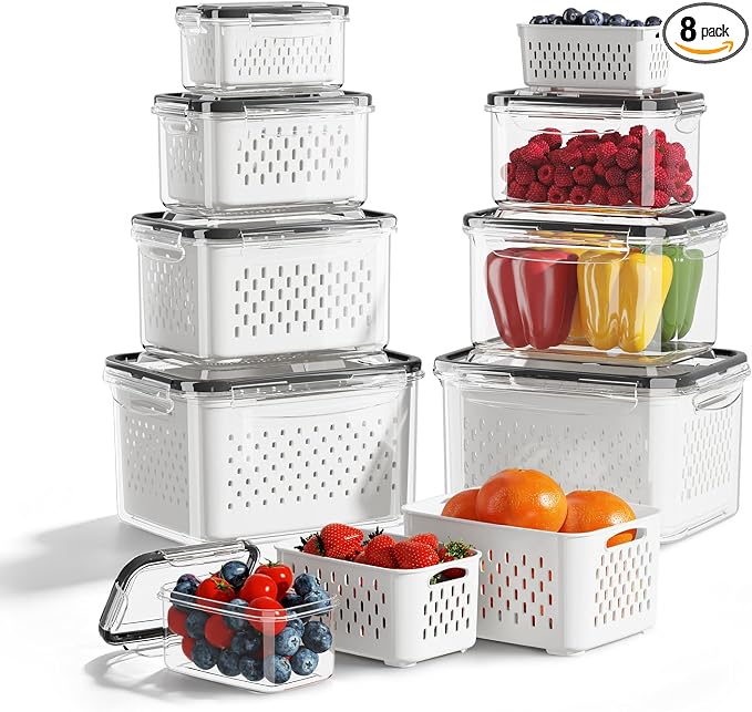 Fruit Storage Container for Fridge with Removable Colander, 8 Pack | Leakproof Produce Containers for Fridge, Airtight Food Storage Container, Keep Fruit, Veggies, Berry, Salad Fresh Longer