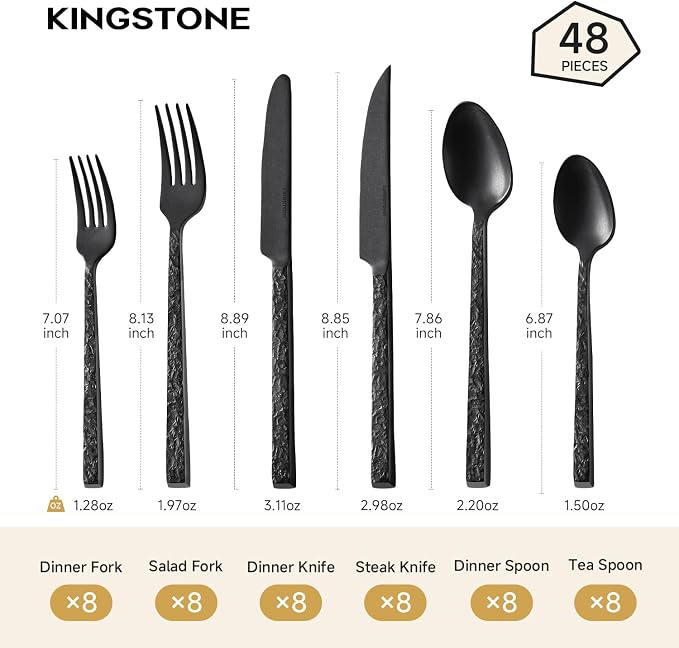 48 Pcs Black Hammered Silverware Set with Steak Knives for 8, 18/10 Stainless Steel Heavy Duty Flatware Set, Tableware Cutlery Utensil Sets for Home Restaurant Dishwasher Safe