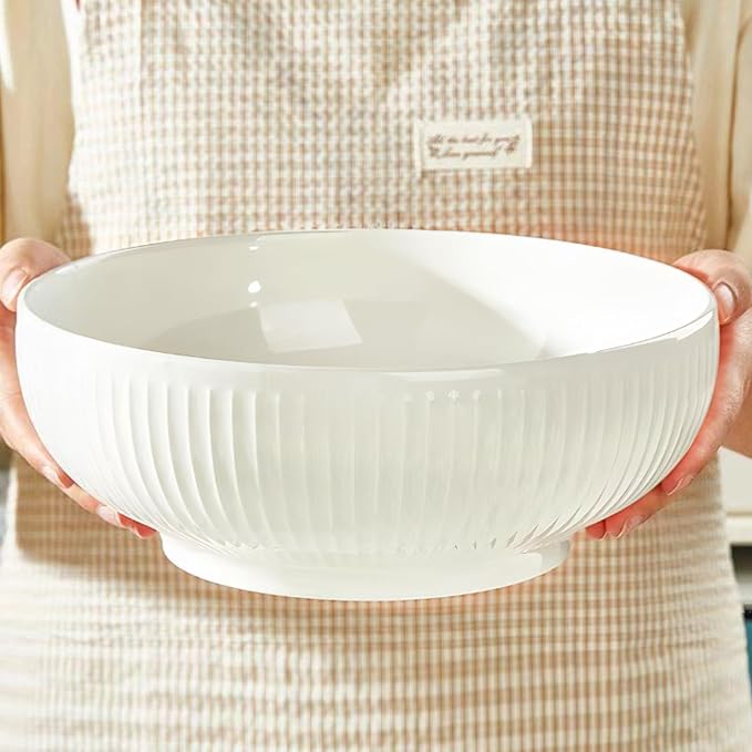 Set of 2 Serving Bowls- 9inch Extra Large Salad Bowls -Porcelain White Serving Bowls for Salad Soup Pasta and Dinner-Large Ceramic Bowl Set for Entertaining