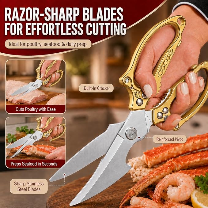 Premium Gold Kitchen Shears Heavy Duty, Stainless Steel Multipurpose Scissors for Chicken, Meat, Poultry, Seafood & Vegetables, Sharp Food Cutting Scissors for Kitchen Use