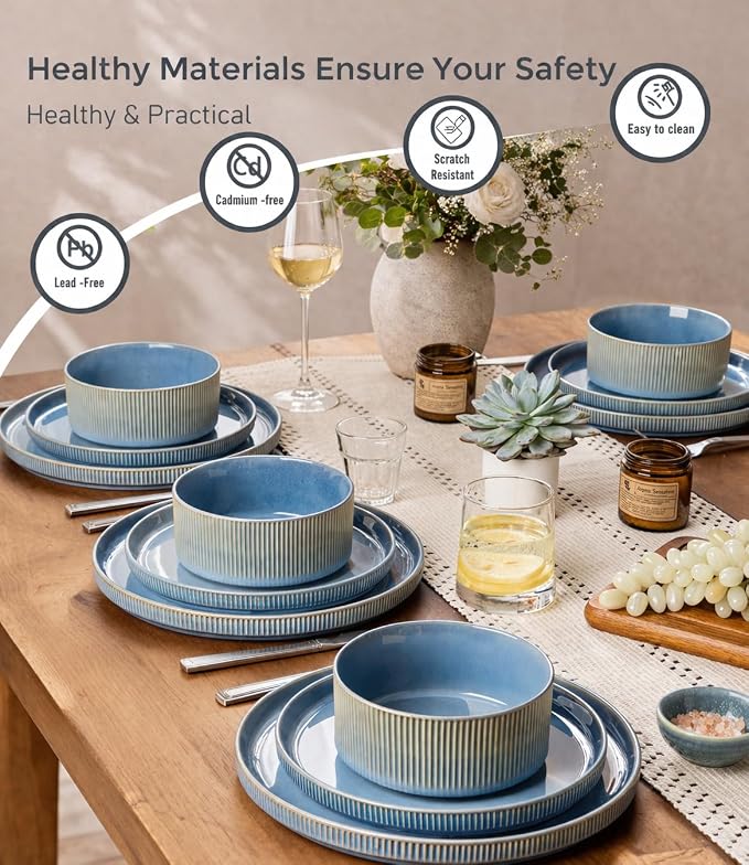 GBHOME Stoneware Dinnerware Sets for 4, 12-Piece Plates and Bowls Set | Handmade Reactive Glaze Ceramic Dish Set, Scratch Resistant, Dishwasher&Microwave Safe,Alaskan Blue