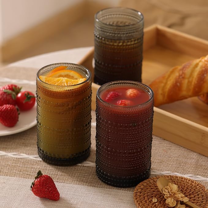 Moretoes 12 Pack 12 Oz Gray Hobnail Drinking Glasses Set,Water Glass Cups | Highball Glasses Embossed Boho Kitchen Bar Tumbler Glassware Set for Whiskey, Beer, Juice, Milk and Various Mixed Drinks