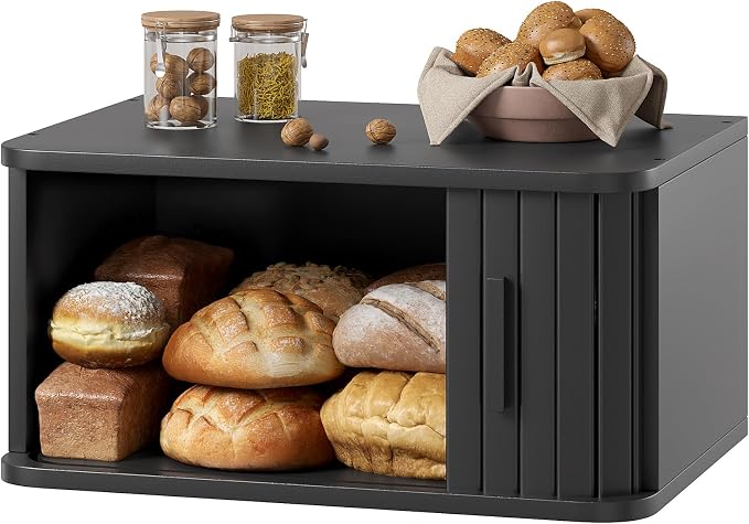 WOWLIVE Roll Top Bread Box for Kitchen Countertop, Bamboo Bread Storage | Airtight Bread Containers, Large Bread Bin with Sliding Door for Loaves, Bagels, Countertop Storage Cabinet, Black, Medium
