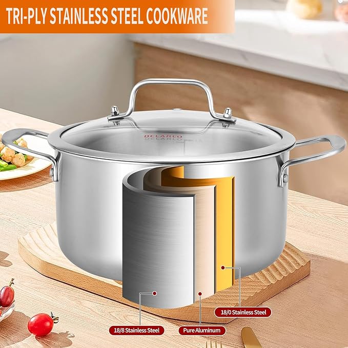 DELARLO Tri-ply Stainless Steel 6 Quart Heavy Duty Induction Stock Pot | Full Clad Stainless Steel Induction Ready 18/10 Heavy Duty Durable Suitable for All Stove Up to 600℉