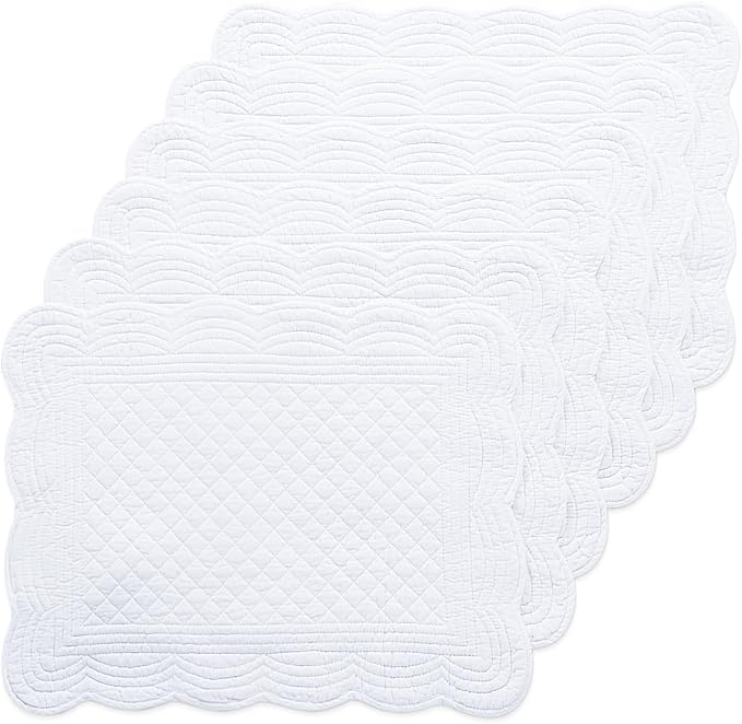HOMBYS Quilted Placemats Set of 6 Washable-13x18 inches Rectangular Placemats for Kitchen Table-100% Cotton Fabric Rectangular Table Mats, (Pure White)
