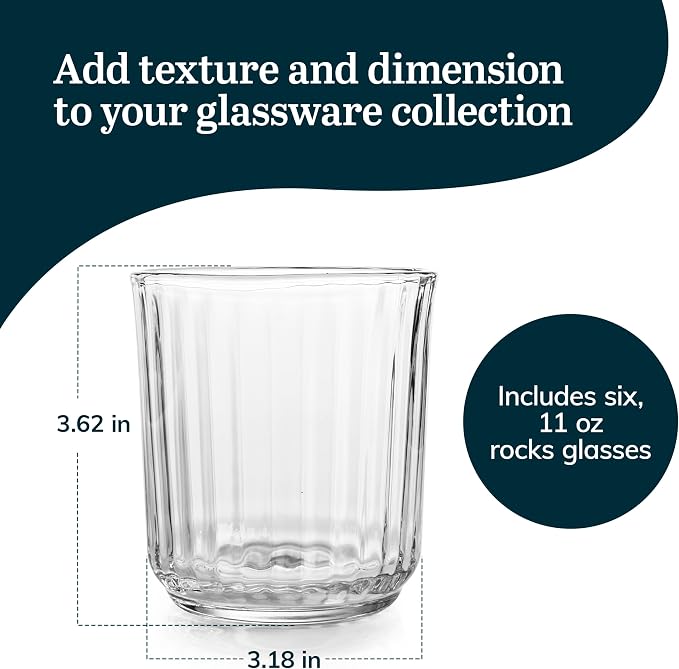 Libbey Paneled Double Old Fashioned Glasses, 11.2 Oz Fine Ribbed Line Whiskey Drinking Glasses, Dishwasher Safe Rocks Glass Set for Spirits, Cocktails