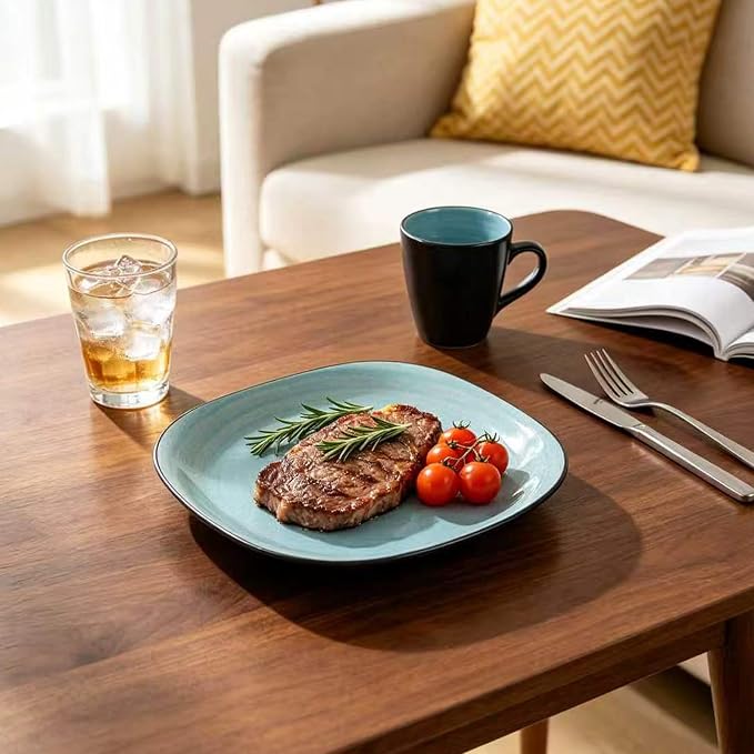 HomeVss, Stoneware Square 16pc Dinnerware Set, Inside Spinwaseh Swirl Turquoise + Outside Black