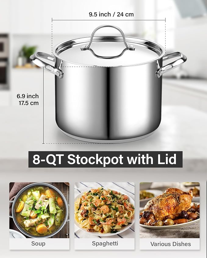 Cooks Standard Heavy Duty Stainless Steel Stock Pot - Large Deep Pot | 8 Quart Stainless Steel Stock Pot with Lid, Thick Bottom Deep Cookware for Pasta, Spaghetti, Canning & Family Meals