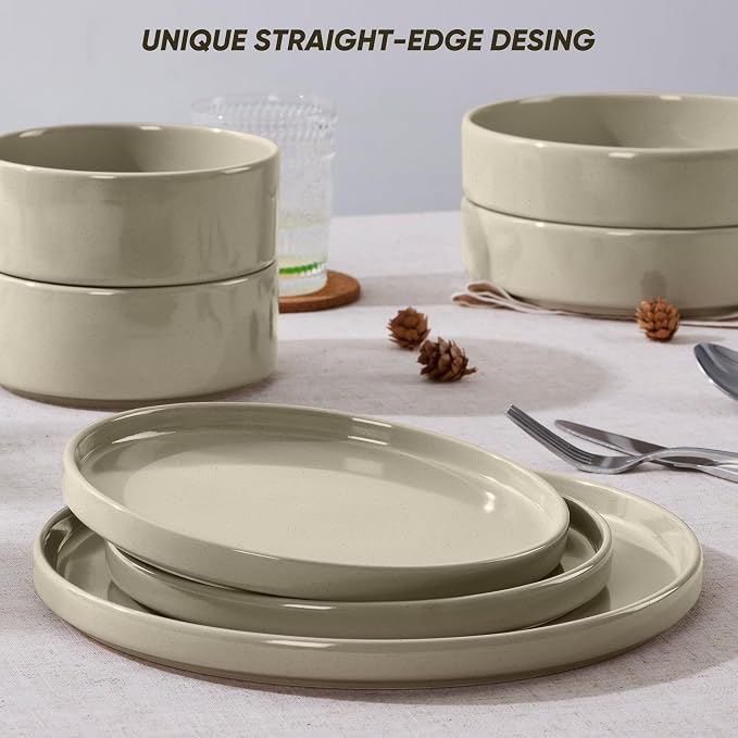 E-far 16-Piece Stoneware Dinnerware Sets with Pasta Bowls, Speckled Khaki | Plates and Bowls Sets for 4, Chip and Scratch Resistant, Microwave & Dishwasher Safe Kitchen Modern Dish Set