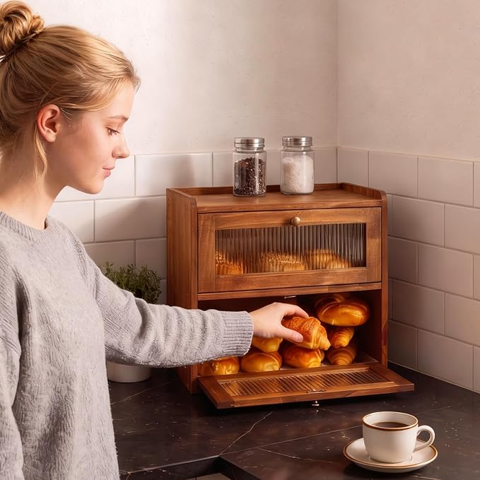 Alpeir Wooden Bread Box for Kitchen Countertop, Large Double Layer, Brown | Food-Safe Pine Wood, Double-Row Ventilation, Strong Acrylic Window, Raised Top Shelf, Easy Care, Farmhouse Corner Container