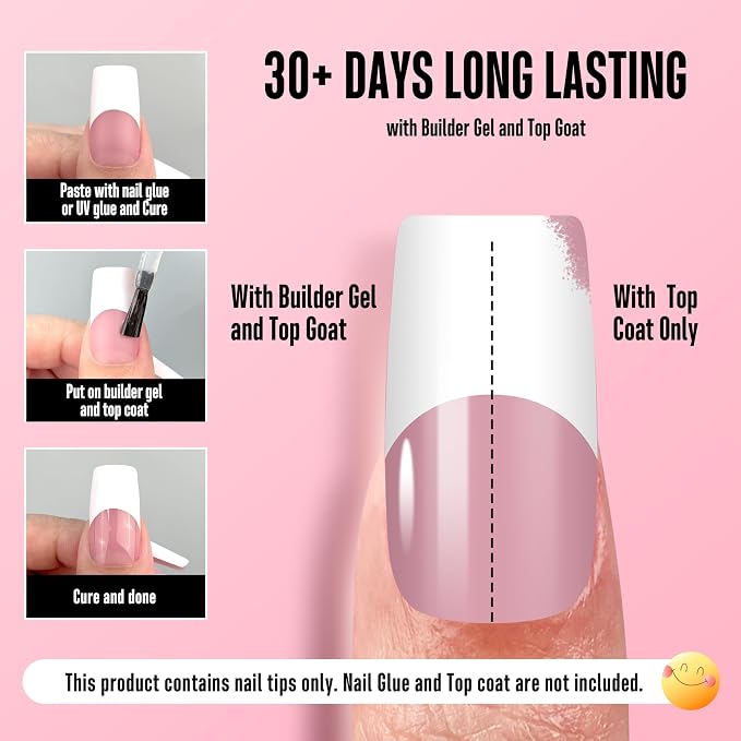 NOVO OVO Old School Retro French Tip Nails Wide White Press on, Medium Length Tapered Square BERRY PINK, Extra Thick Soft Gel Fake Acrylic Extension, Need Builder Gel, Top Coat, Glue 15 Sizes 240 pcs