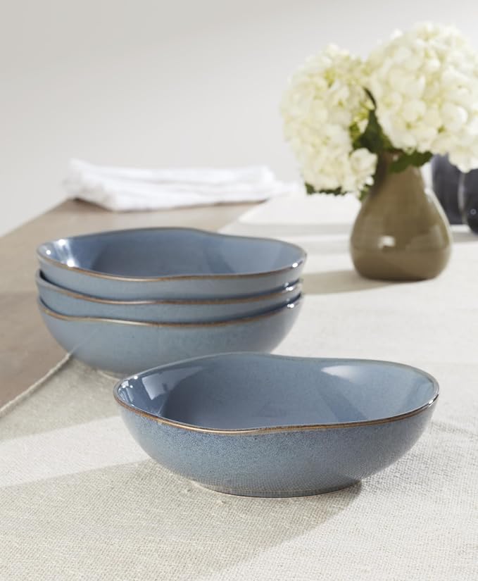 Oneida Organic Shades Blue Stoneware Pasta Bowl Set for 4, 34.5oz | dishwasher safe, microwave safe | kitchen and dining essential | 34.5oz, salad bowls, gift for women
