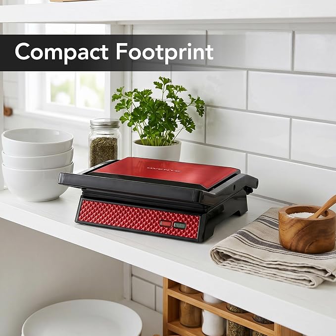 OVENTE Electric Indoor Panini Press Grill + Sandwich Maker, Red GP0620R | Opens 180 Degrees to Fit Any Type or Size of Food, 1000W Indoor Cooking Perfect for Quesadillas, Burgers & More