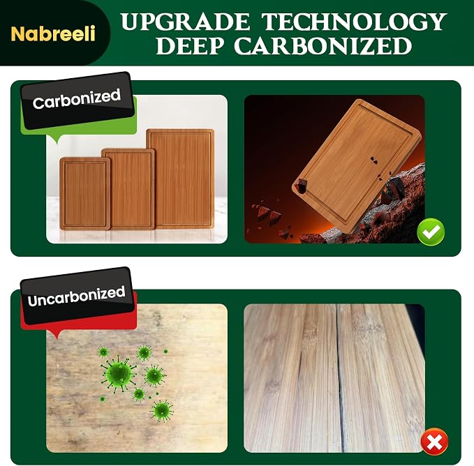 Bamboo Cutting Board Durable Wood Cutting Boards for Kitchen with Deep Juice Grooves Built-in Handles Ideal Charcuterie Chopping for Meat, Vegetables and Fruits Ideal Kitchen Gifts(M+L)