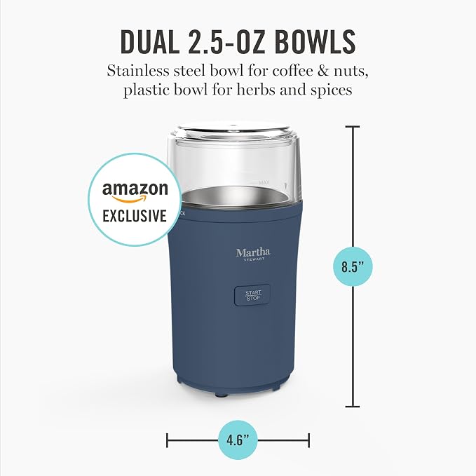 Martha Stewart Electric Coffee & Spice Grinder with Dual Bowls, Indigo Blue | Dual 2.5oz Removable Bowls for Coffee Beans, Nuts, Herbs & Spices, Stainless Steel Blade, One-Touch Pulse Control, Easy Clean