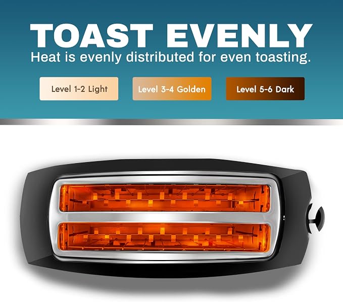 Elite Gourmet ECT4829B 4-Slice Long Slot Toaster, Extra-Wide Slots, Black | 6 Toast Settings, Defrost, Reheat & Cancel Functions, Slide-Out Crumb Tray, Great for Bagels & Waffles