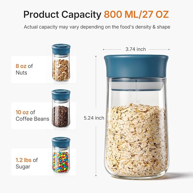 Airtight Glass Jar with Rotary Lid for Kitchen, Counter, Pantry, 27 fl oz | Wide Mouth, Easy Open/Clean, Clear Borosilicate Food Jar with Scale, Lock Freshness for Coffee, Oats, Pasta, Cookies, Cereal