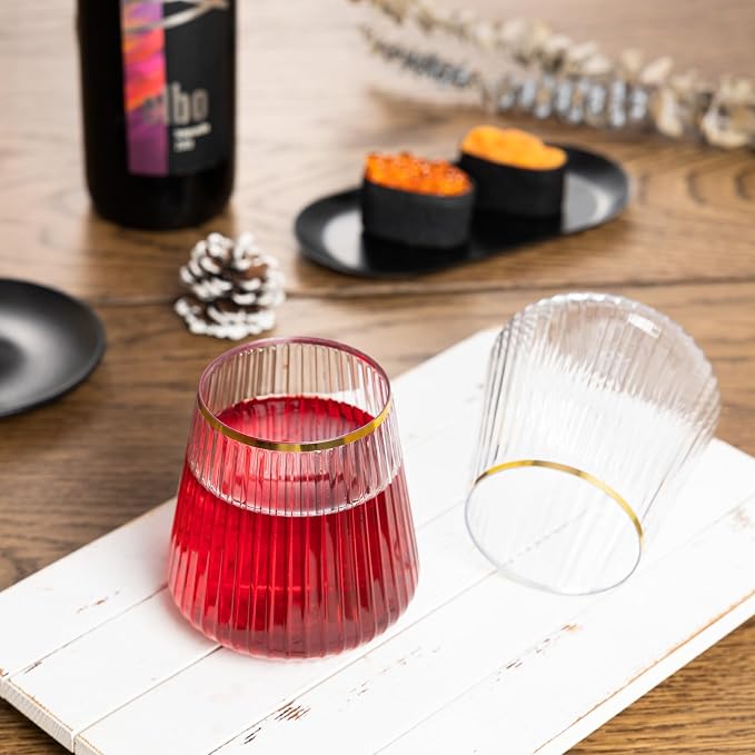 N9R 24PCS Plastic Wine Glasses Disposable, 14 oz Gold Rim Cocktail Spritz | Clear Gold Stemless Champagne/Whiskey/Drinking Cups, Fancy Origami Ripple, Shatterproof, for Parties, Weddings, Pool and Bar
