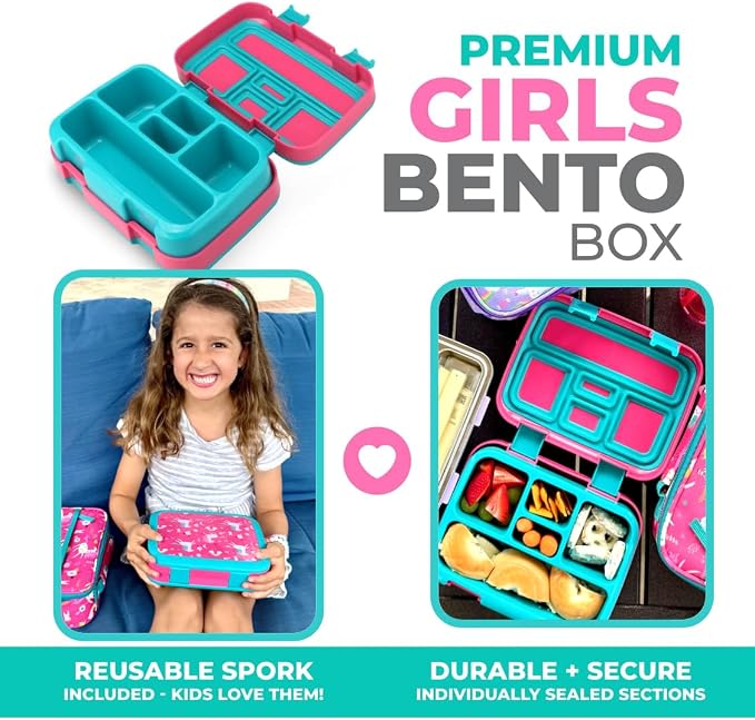 kinsho Bento Lunch Box, Bottle, Bag, Ice Pack for Small Kids, Pink Unicorn | 5 Leakproof Portion Compartments, BPA-Free Removable Tray, Insulated Meal or Snack Container for Pre-School Daycare