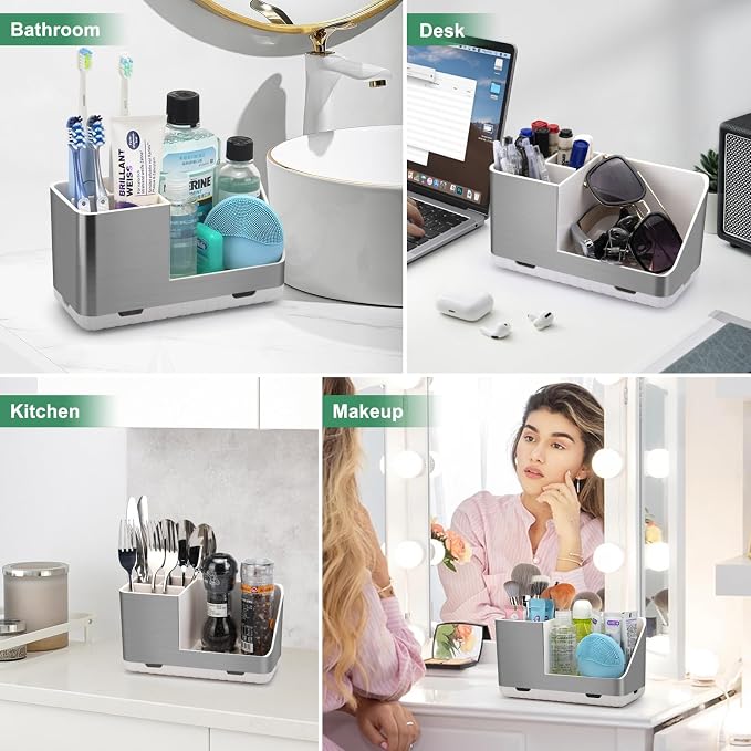 Toothbrush Holders for Bathroom Countertop Organizer (Brushed Silver Grain) | Easy To Clean, Drainage, Non-Slip, Detachable, Kids Electric Toothbrush and Toothpaste Holder for Bathrooms