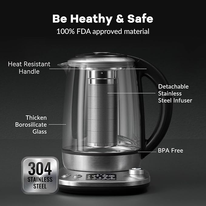 Mecity Electric Tea Kettle with Removable Infuser, 9 Preset Brewing Programs, Temperature Control, 2 Hours Keep Warm, Borosilicate Glass, 1.7 Liter, 1200W