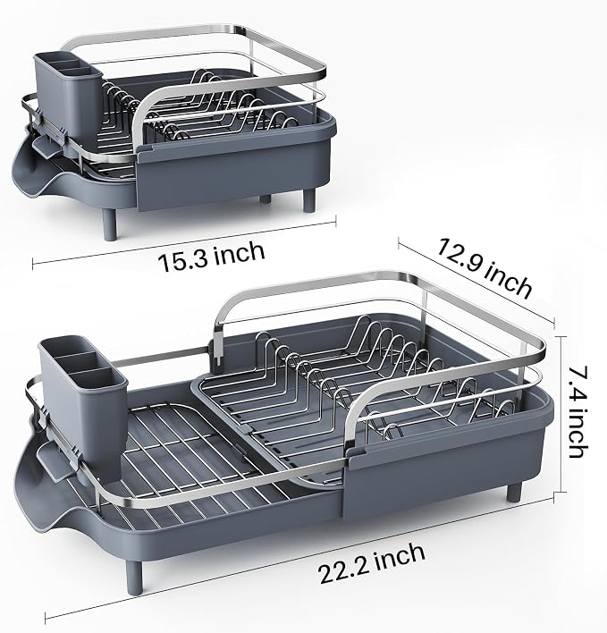 SAYZH Expandable Dish Drying Rack for Small Kitchen Counter, Grey | Stainless Steel, Protective Guardrail, Angled Drainboard, Fits High-Rim Sinks, Removable Utensil Holder