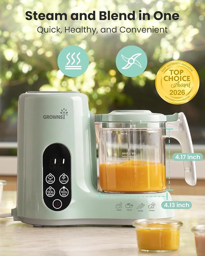 Grownsy Baby Food Maker, Steamer & Blender Baby Food Processor, Green | BPA-Free Elevated Steam Basket, Healthy Homemade Baby Food Purees, Starting Solids & BLW, Baby Feeding Essentials, 6+ Months