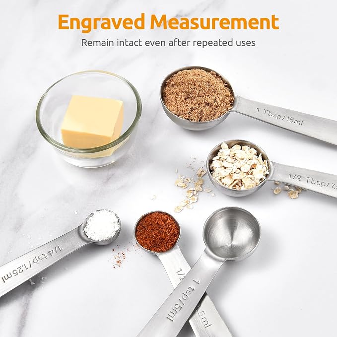 U-Taste 18/8 Stainless Steel Measuring Spoons Set of 5, Teaspoon Tablespoon | Kitchen Metal Measure Set, Metric & US Measurements, 1/4tsp, 1/2tsp, 1tsp, 1/2tbsp, 1tbsp for Dry & Liquid Ingredients