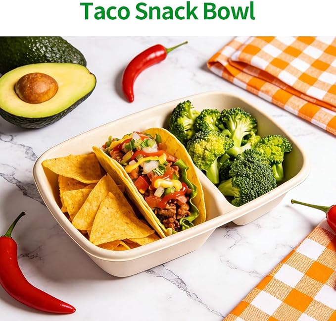 2 Compartment Paper Bowls 100 Pack for Chip and Dip | Divided Bowls Disposable Chips and Salsa Bowls for Party, Snack Bar Party Supplies