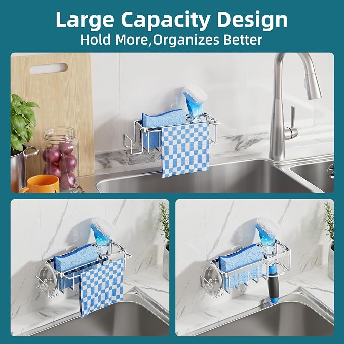 TAILI 4-in-1 Sink Caddy for Kitchen Sink with Strong Suction Cup-Silver | Removable Sponge Holder for Kitchen Sink Organizer, Rustproof 304 Stainless Steel Holder for Sponge, Brush, Scrubber, Scraper