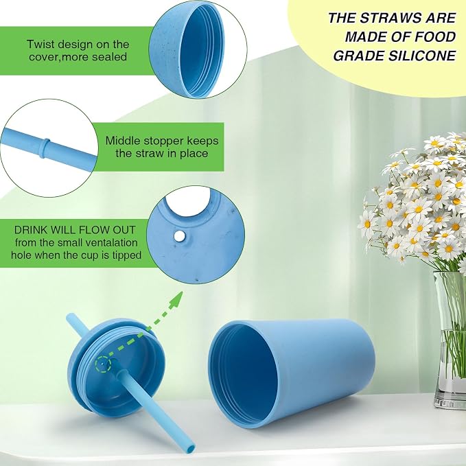 10 oz Wheat Straw Cups with Lids and Silicone Straws,6 Pcs Drinking Glasses | Unbreakable Plastic Cups for Kitchen, Small Tumbler Straw Cups with Cleaning Brush, BPA Free, Dishwasher & Microwave Safe