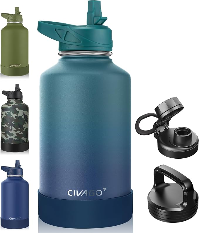 CIVAGO 64 oz Insulated Stainless Steel Water Bottle With Straw and 3 Lids | Half Gallon Large Metal Water Jug, Big Leakproof Reusable Wide Mouth Thermal Flask with Silicone Boot, BPA-Free, Dark Night
