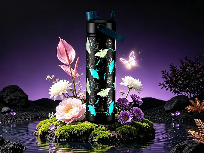 POWCAN 26 oz Insulated Water Bottle: Straw and Spout Lid, Glow-in-the-Dark | Leak-proof, Keep Cold 24H, Cupholder Friendly, BPA-Free, Stainless Steel Water Bottle for Gift, Hiking, Trip (Gilded Flutter)