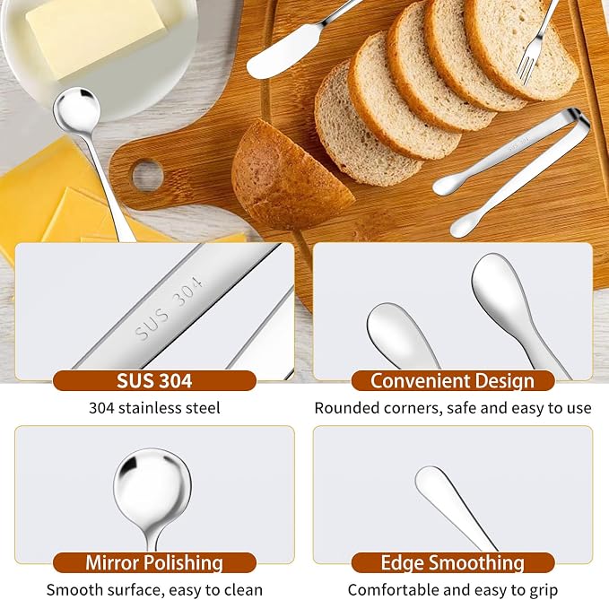 48 Pcs Charcuterie Boards Accessories Butter Spreader Knives Set Stainless Steel Cheese Mini Serving Tongs Spoons Forks Dipping Bowl Toothpick Flags Utensil for Pastry Making Wedding Christmas(Sliver)