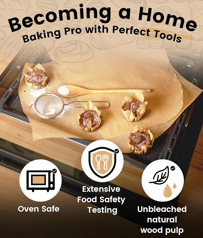 300PCS Unbleached Parchment Paper Sheets for Baking 12x16 Inches, Non-Stick and Non-Toxic Pre-cut Parchment Sheets for Oven, Cooking, Grilling, Air Fryer and Steaming - Fit for Half Sheet Pans, Brown