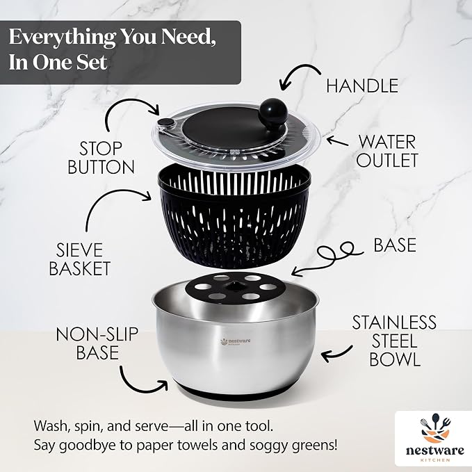 Stainless Steel Salad Spinner Large, 5.3 Qt - Lettuce, Vegetable & Fruit Washer & Dryer with Quick-Stop Brake Button, Colander Basket & Non-Slip Base (304 Stainless Steel - Black)