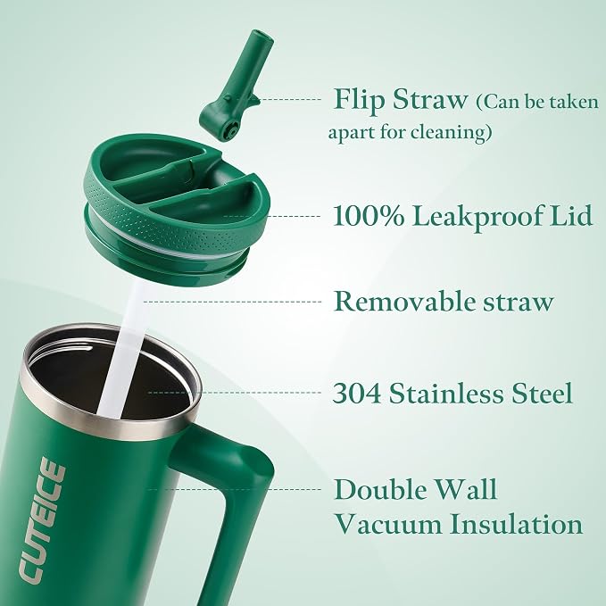 Forest Green 30 oz Insulated Tumbler with Handle Coffee Travel Mug with Lid and Straw, 100% Leakproof Stainless Steel Mug Water Bottle for Iced Tea, Cold Beverages Fits in Car Cup Holder