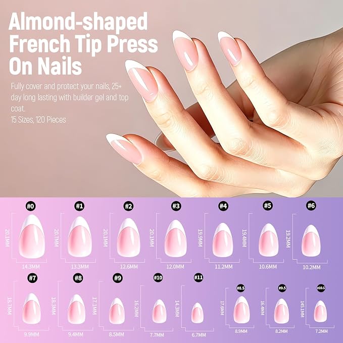 FANDAMEI French Tip Press On Nails, French Tip Nails, With Nail Prep Kit | Medium Almond Full Cover, With Cuticle Remover, Beginner-friendly, 120PCS Press On Nails French Tip, For DIY Nails At Home